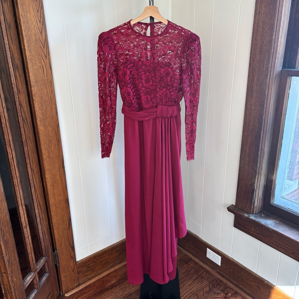 Vintage Miss Elliette USA Women’s Sz 8 Cranberry Lace Overlay Maxi Dress Belted